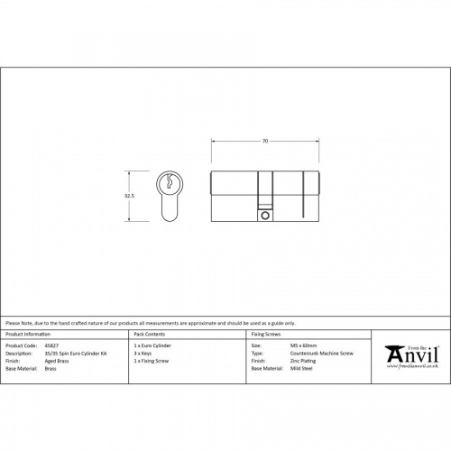 Aged Brass 35/35 5pin Euro Cylinder KA